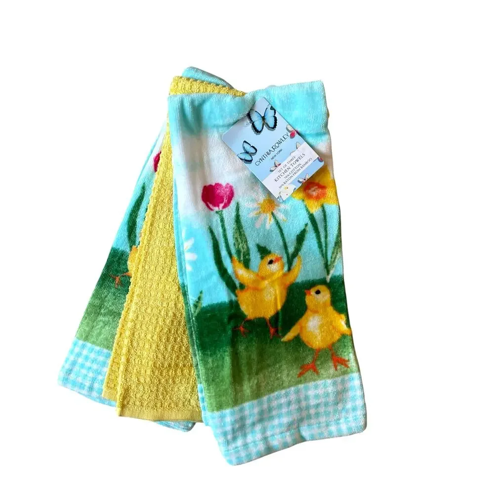 Cynthia Rowley Kitchen Towels Set of 3 Colorful Spring Floral Easter Chicks New